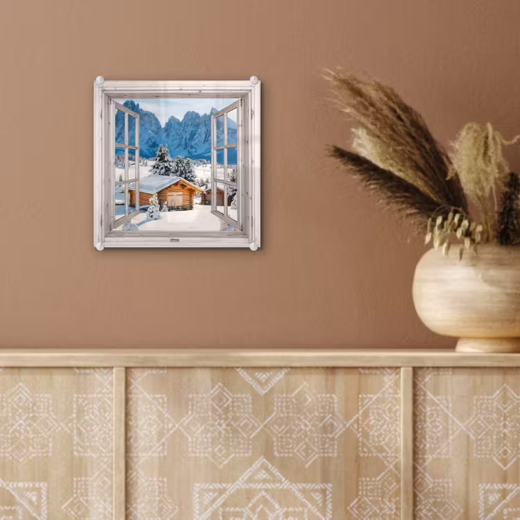 Glas schilderij - Winterlandschap - Huisje - Bergen - Uitzicht - Doorkijk - Natuur — 6