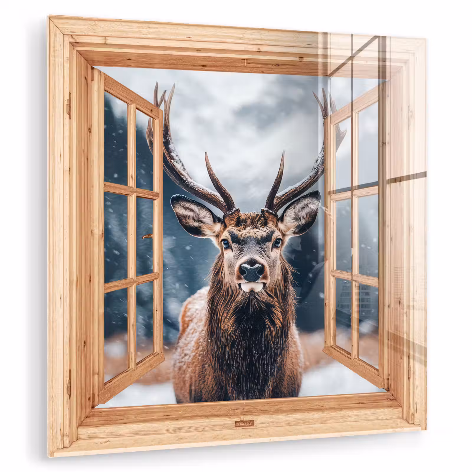 Glas schilderij - Doorkijk - Hert - Dieren - Winterlandschap - Sneeuw — 1