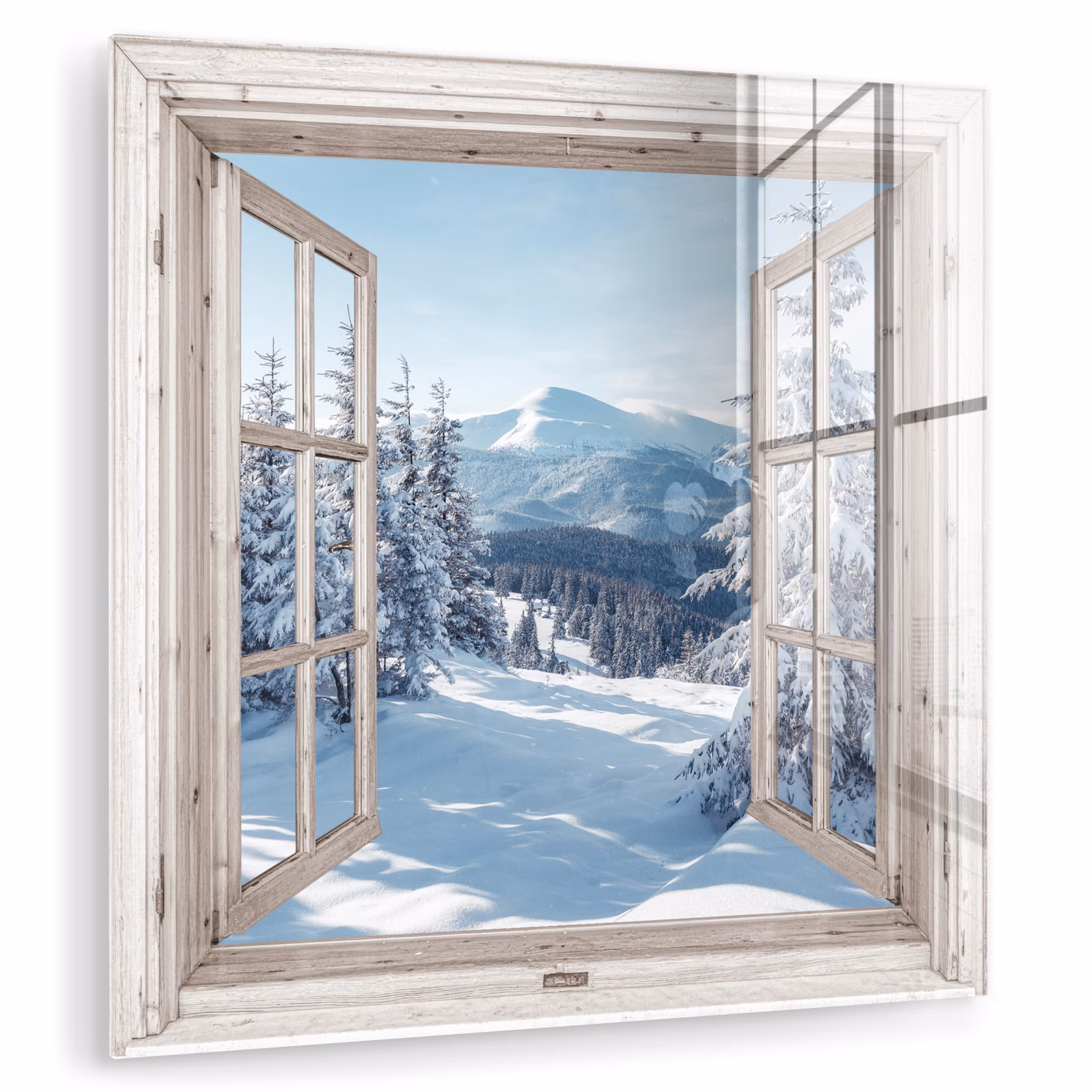 Glas schilderij - Doorkijk - Winter - Landschap - Natuur - Berg - Bomen - Wit — 1