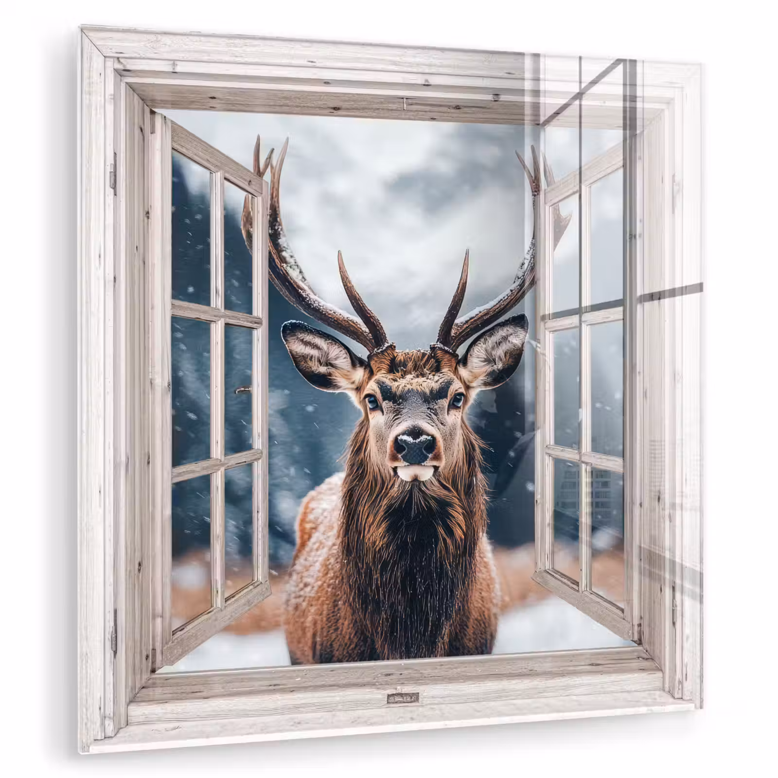 Glas schilderij - Hert - Dieren - Landschap - Winter - Sneeuw - Doorkijk - Natuur — 1