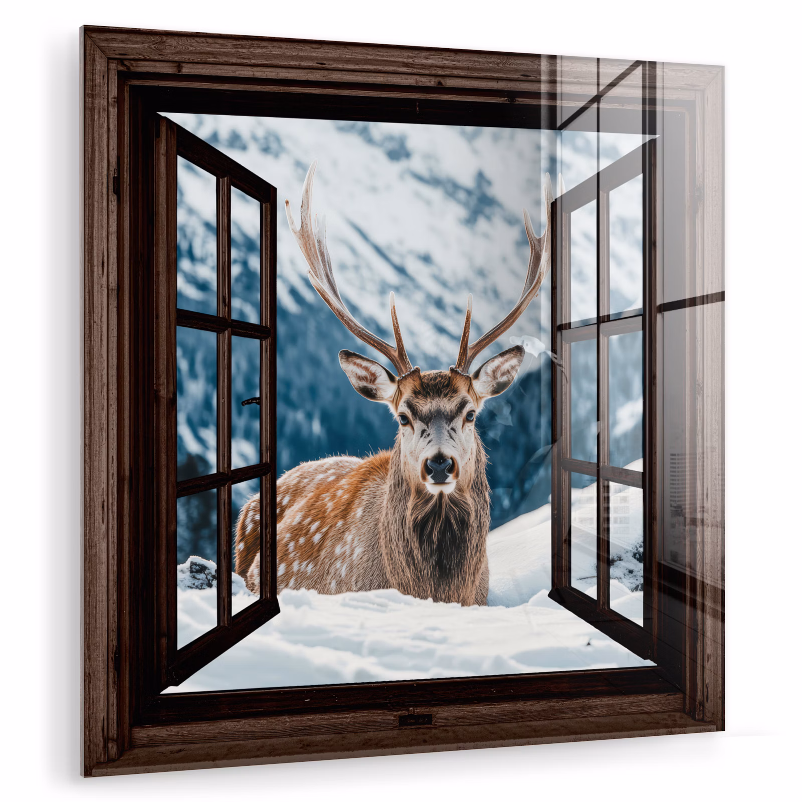 Glas schilderij - Hert - Landschap - Winter - Natuur - Dieren - Doorkijk - Bergen — 1