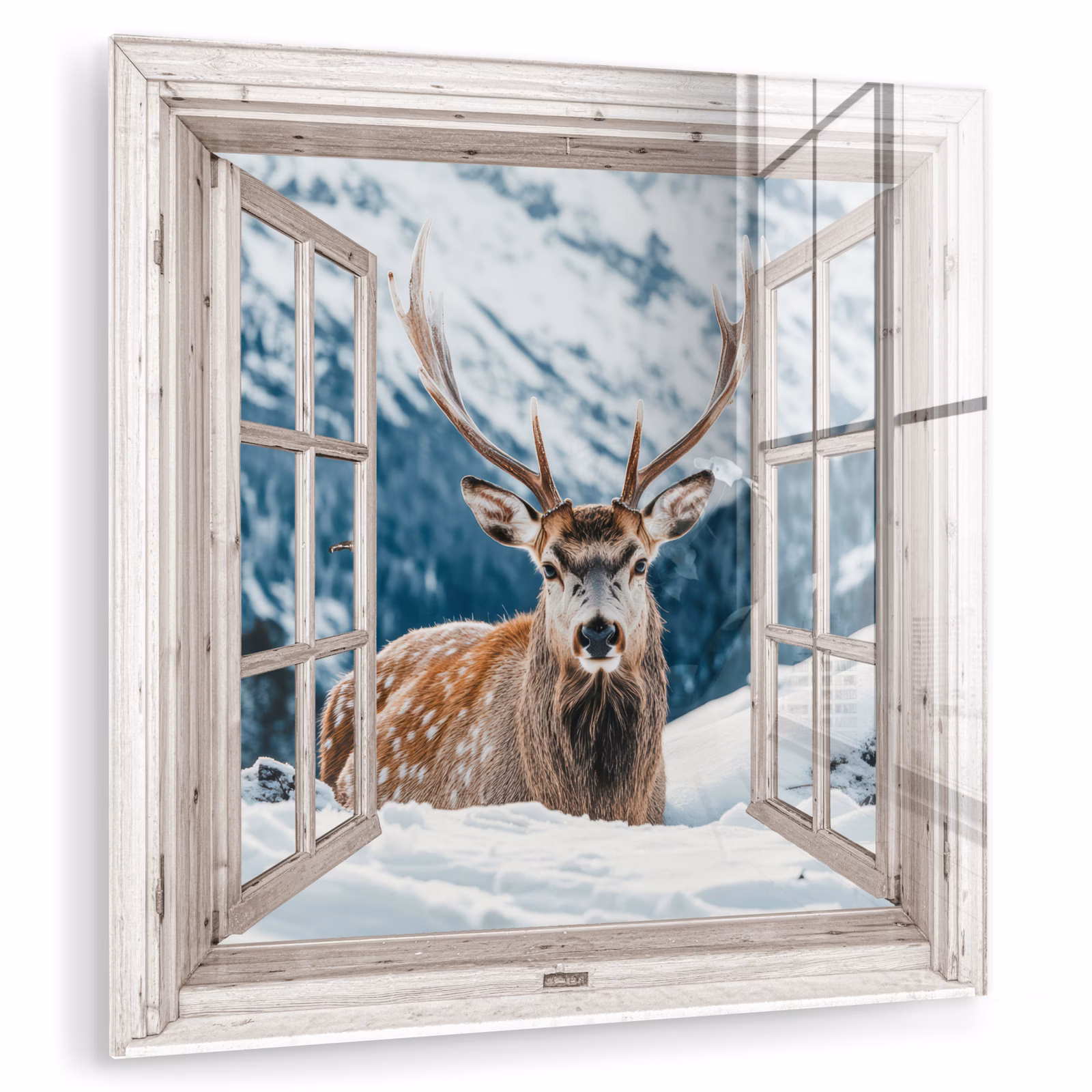 Glas schilderij - Hert - Winterlandschap - Natuur - Dieren - Doorkijk - Bergen — 1