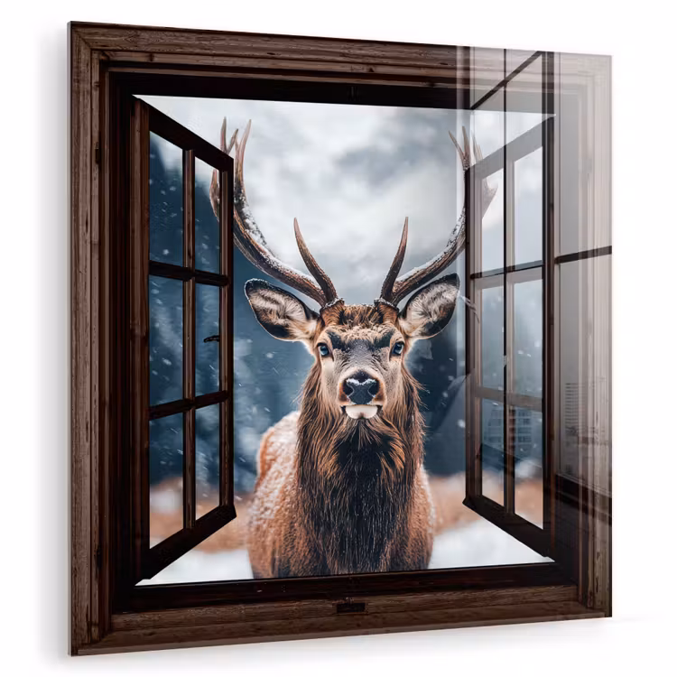 Glas schilderij - Doorkijk - Hert - Dieren - Landschap - Winter - Sneeuw - Landelijk — 1