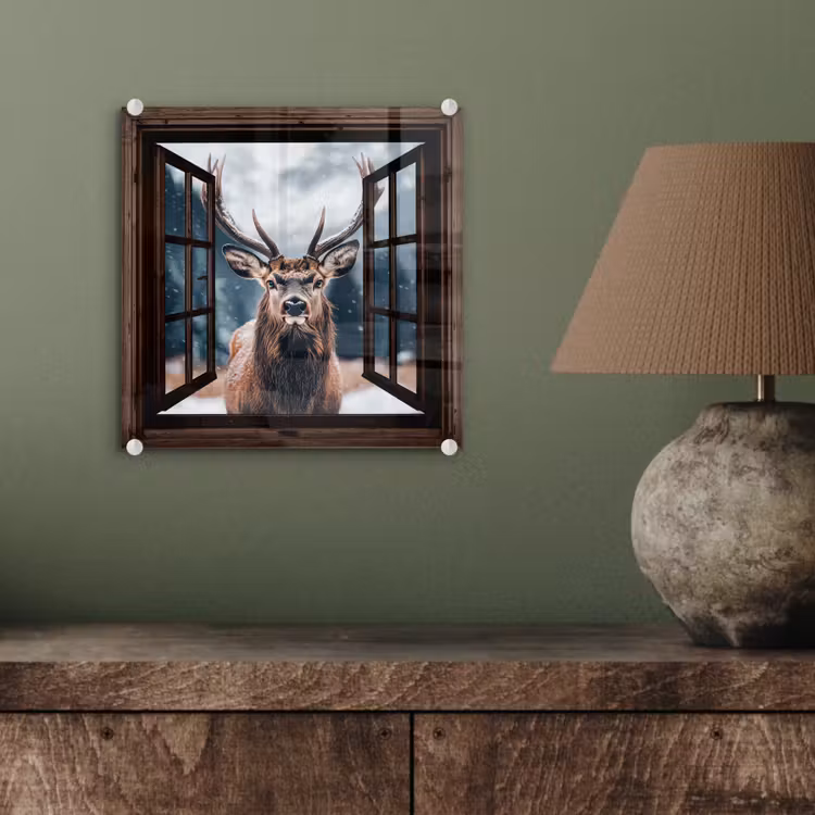 Glas schilderij - Doorkijk - Hert - Dieren - Landschap - Winter - Sneeuw - Landelijk — 4