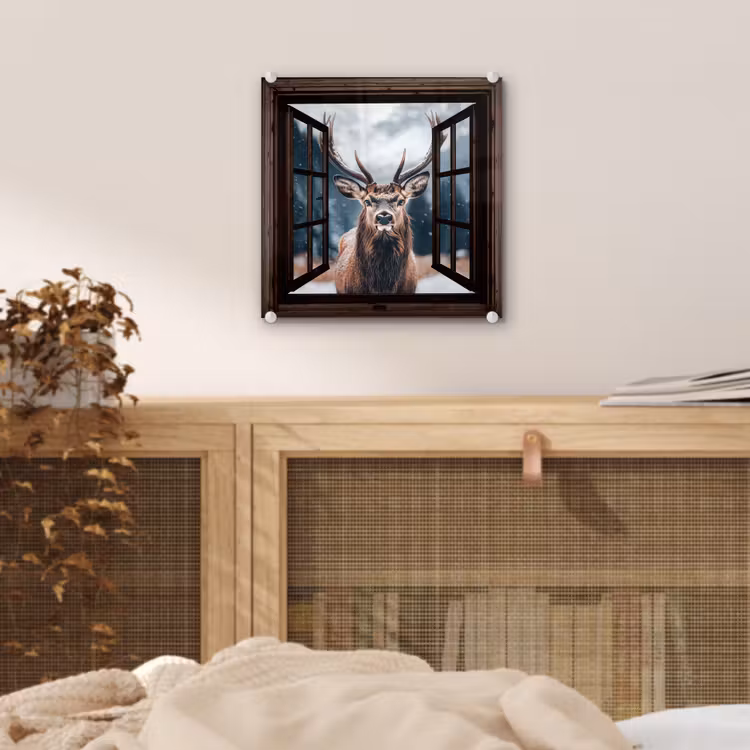 Glas schilderij - Doorkijk - Hert - Dieren - Landschap - Winter - Sneeuw - Landelijk — 5