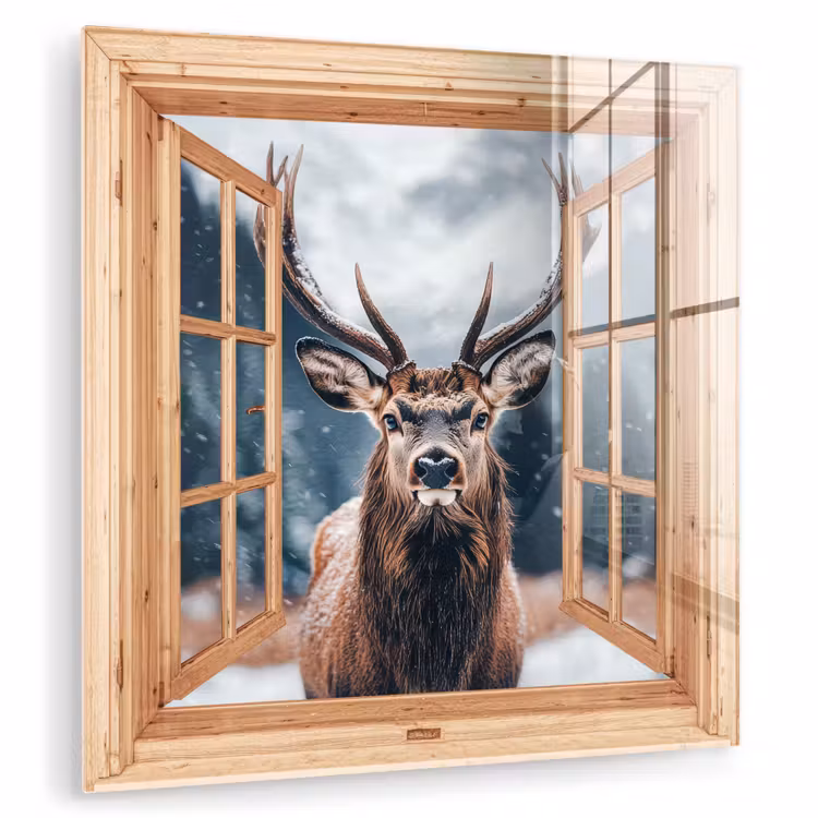 Glas schilderij - Doorkijk - Hert - Dieren - Winterlandschap - Sneeuw — 1