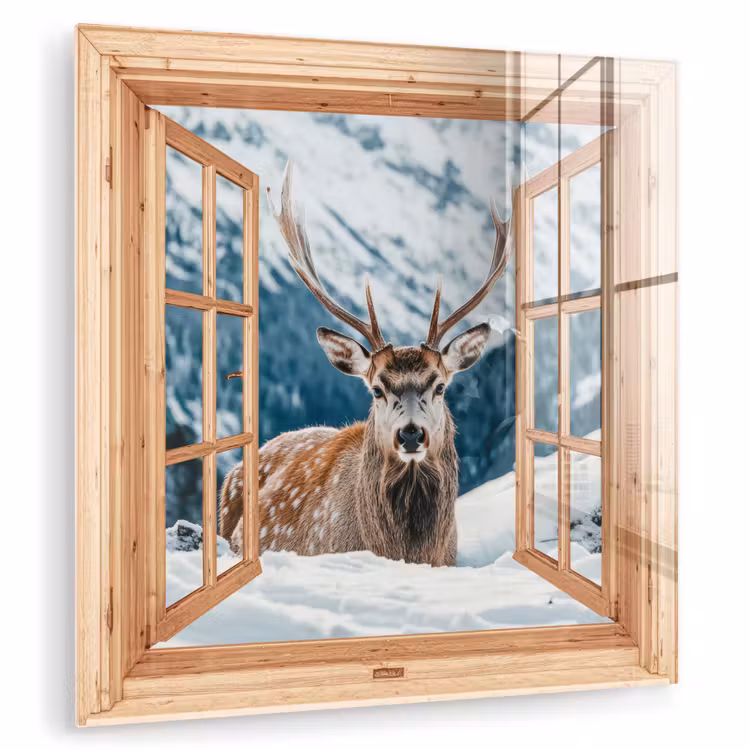 Glas schilderij - Doorkijk - Hert - Landschap - Winter - Natuur - Dieren - Bergen — 1