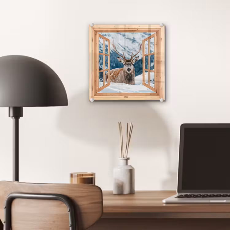 Glas schilderij - Doorkijk - Hert - Landschap - Winter - Natuur - Dieren - Bergen — 7