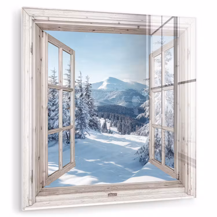 Glas schilderij - Doorkijk - Winter - Landschap - Natuur - Berg - Bomen - Wit — 1