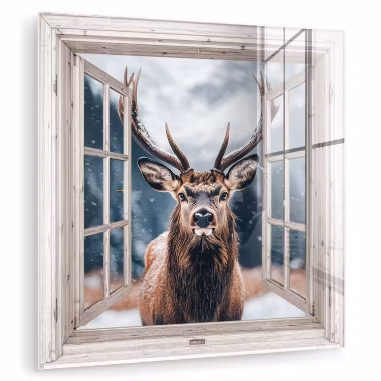 Glas schilderij - Hert - Dieren - Landschap - Winter - Sneeuw - Doorkijk - Natuur — 1