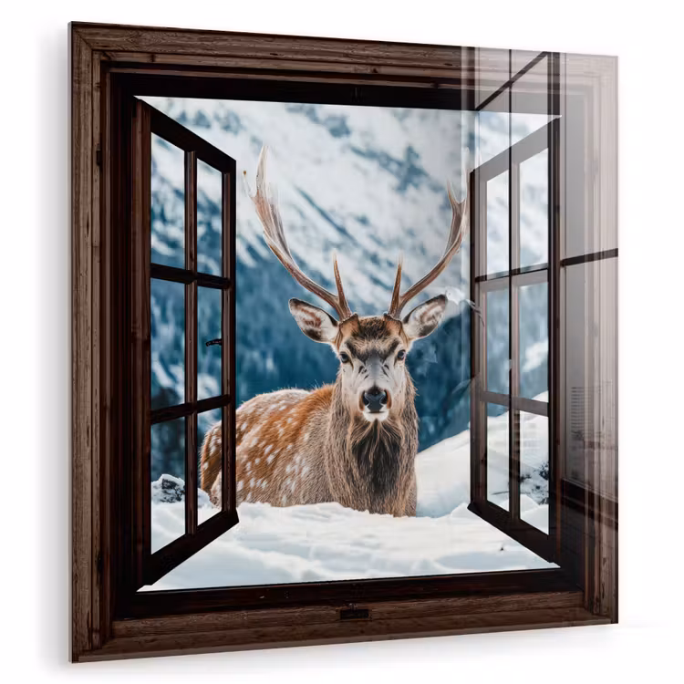 Glas schilderij - Hert - Landschap - Winter - Natuur - Dieren - Doorkijk - Bergen — 1