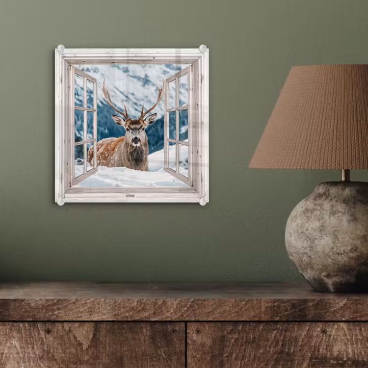 Glas schilderij - Hert - Winterlandschap - Natuur - Dieren - Doorkijk - Bergen — 4