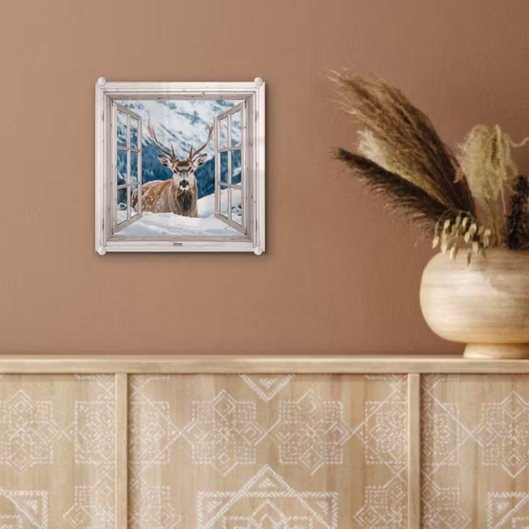 Glas schilderij - Hert - Winterlandschap - Natuur - Dieren - Doorkijk - Bergen — 6
