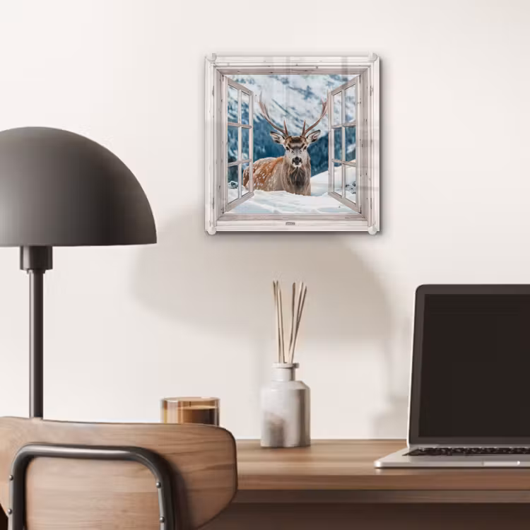 Glas schilderij - Hert - Winterlandschap - Natuur - Dieren - Doorkijk - Bergen — 7