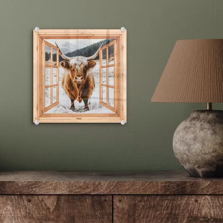 Glas schilderij - Schotse Hooglander - Landschap - Landelijk - Bergen - Winter - Doorkijk — 4
