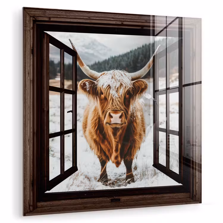 Glas schilderij - Schotse Hooglander - Landschap - Landelijk - Bergen - Winter - Doorkijk - Donker — 1