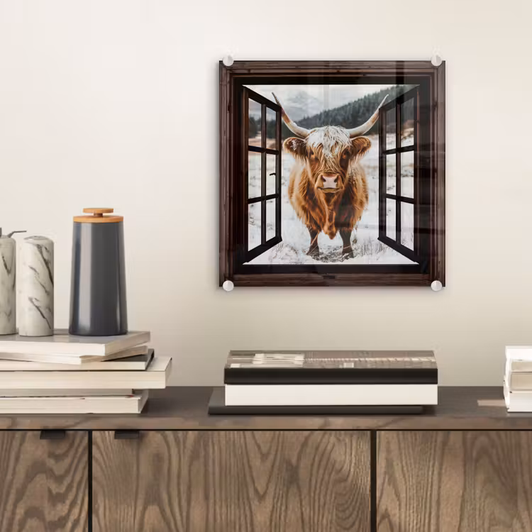 Glas schilderij - Schotse Hooglander - Landschap - Landelijk - Bergen - Winter - Doorkijk - Donker — 2