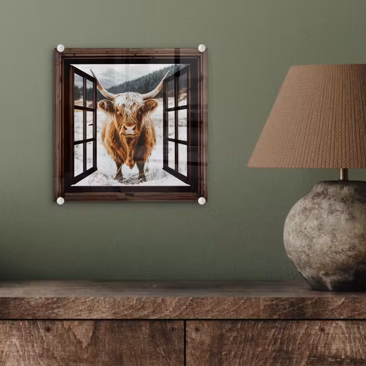 Glas schilderij - Schotse Hooglander - Landschap - Landelijk - Bergen - Winter - Doorkijk - Donker — 4