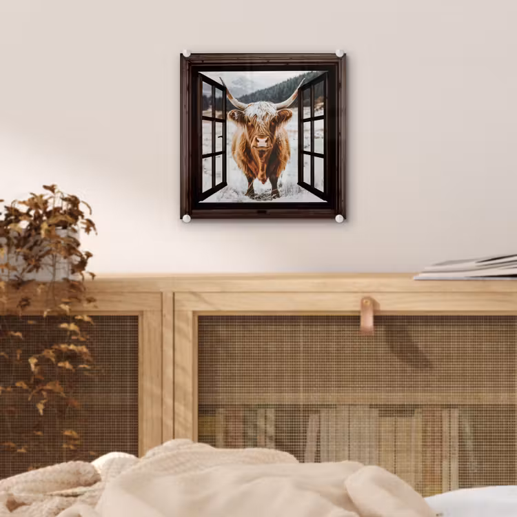 Glas schilderij - Schotse Hooglander - Landschap - Landelijk - Bergen - Winter - Doorkijk - Donker — 5