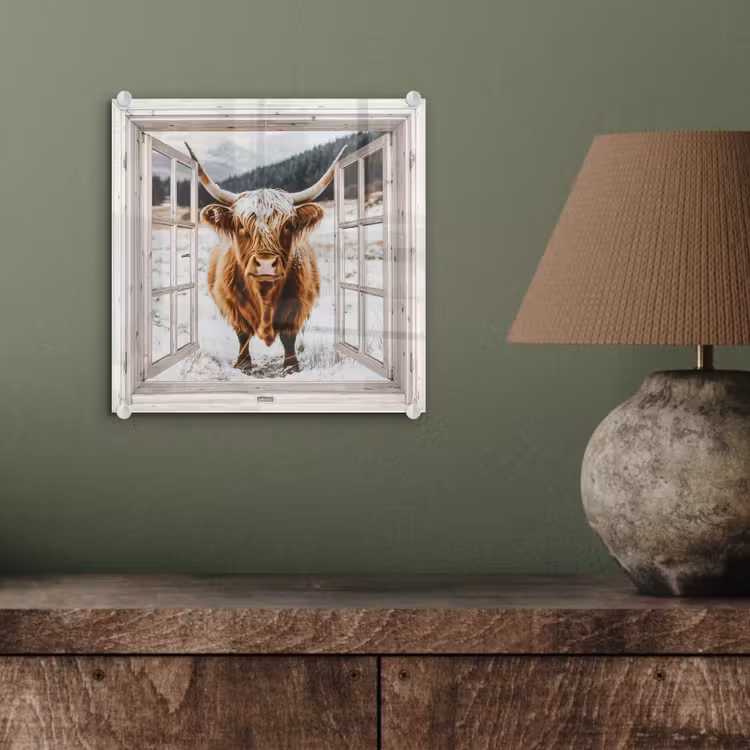 Glas schilderij - Schotse Hooglander - Winterlandschap - Landelijk - Bergen - Doorkijk — 4