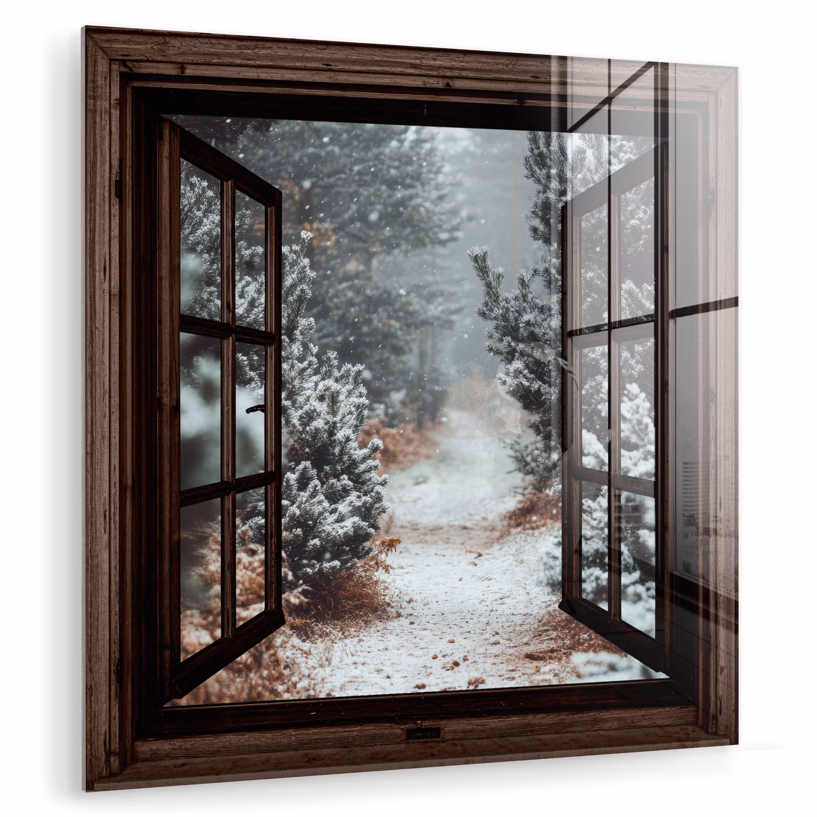 Glas schilderij - Bos - Winter - Bomen - Natuur - Pad - Doorkijk — 1