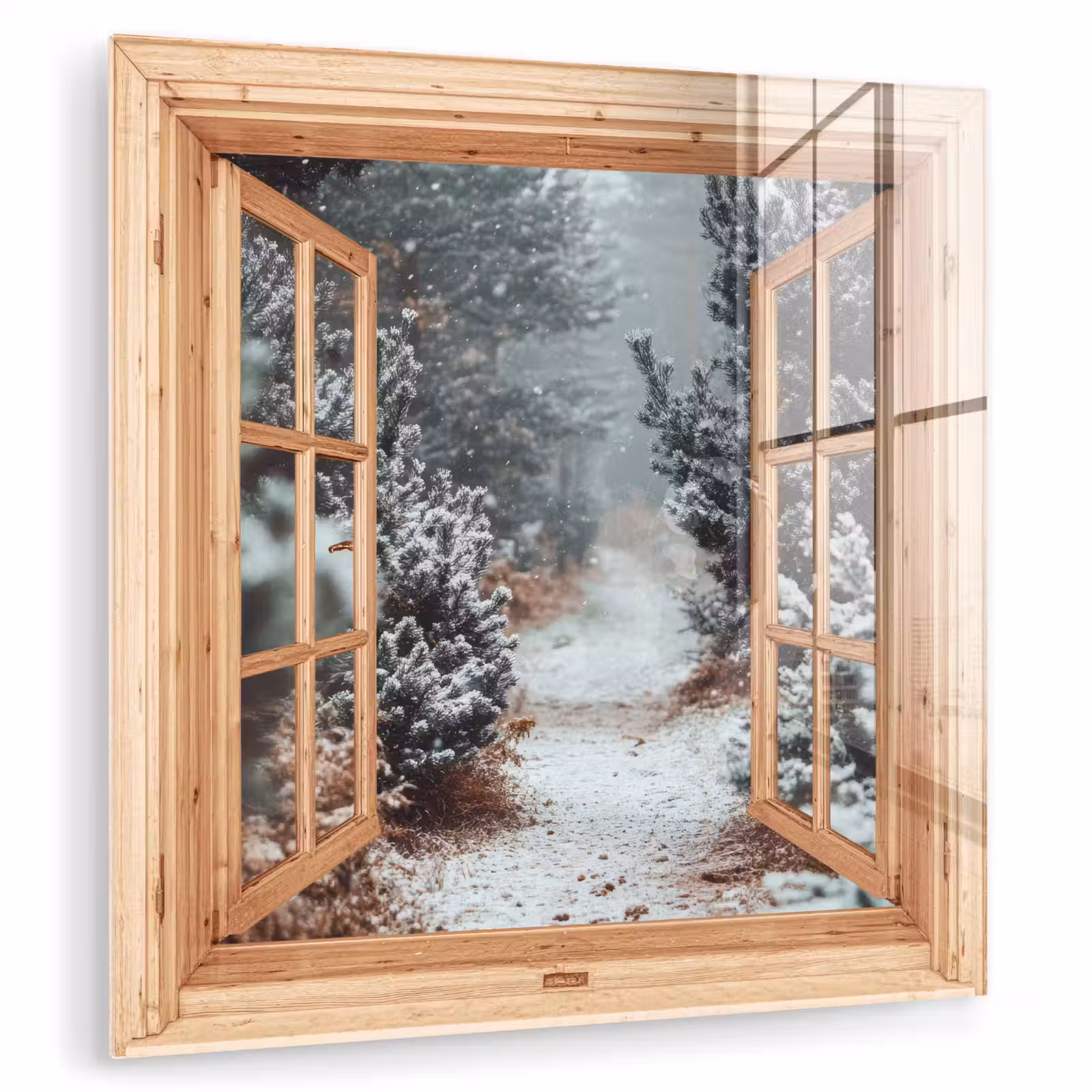 Glas schilderij - Bos - Winter - Bomen - Natuur - Pad - Doorkijk — 1