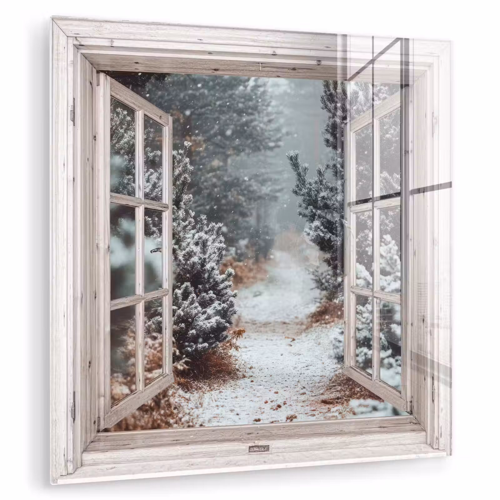 Glas schilderij - Bos - Winter - Bomen - Natuur - Pad - Doorkijk - Wit — 1