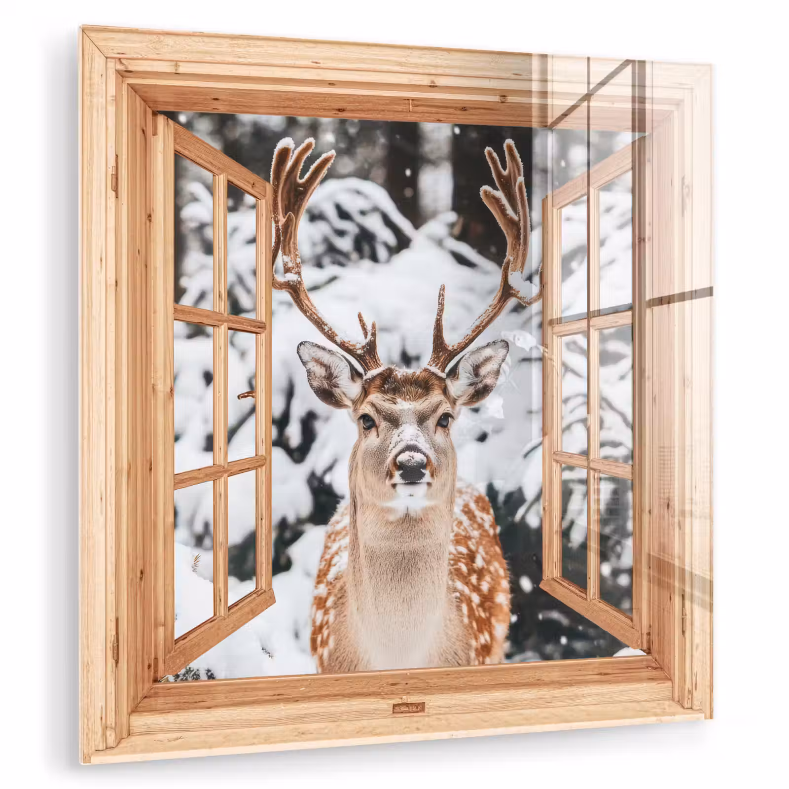 Glas schilderij - Doorkijk - Hert - Sneeuw - Winter - Bos - Dieren — 1