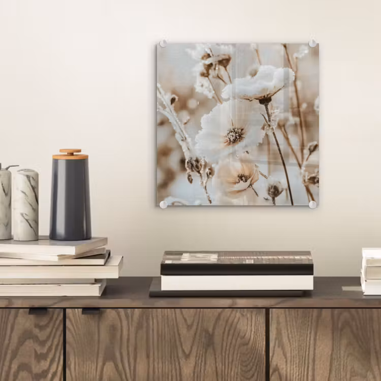 Glas schilderij - Bloemen - Winter - Wit - Sneeuw - Beige — 2