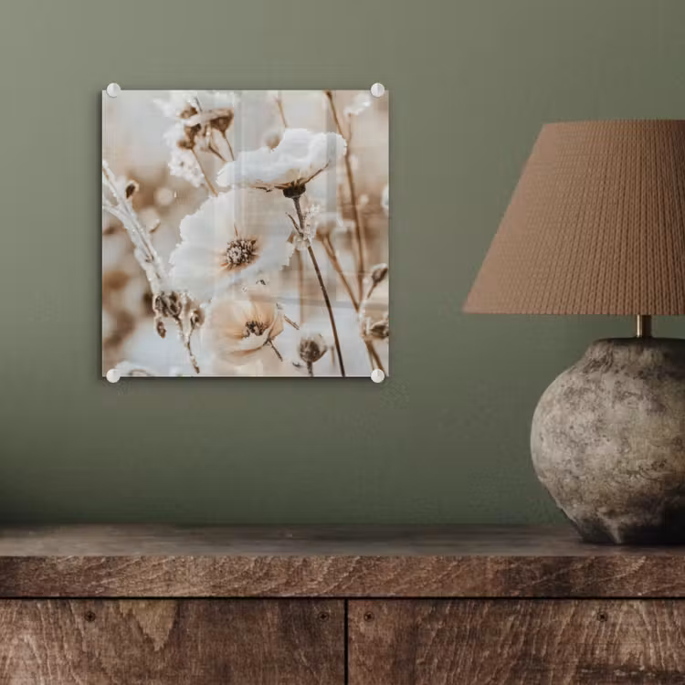 Glas schilderij - Bloemen - Winter - Wit - Sneeuw - Beige — 4