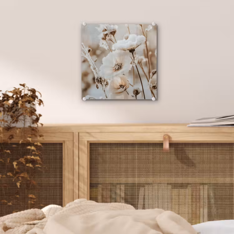 Glas schilderij - Bloemen - Winter - Wit - Sneeuw - Beige — 5