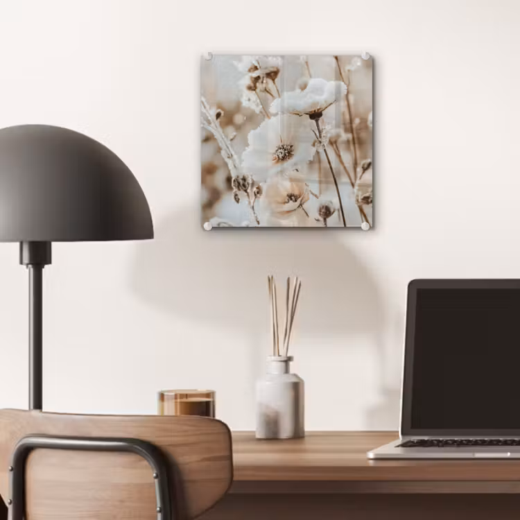 Glas schilderij - Bloemen - Winter - Wit - Sneeuw - Beige — 7