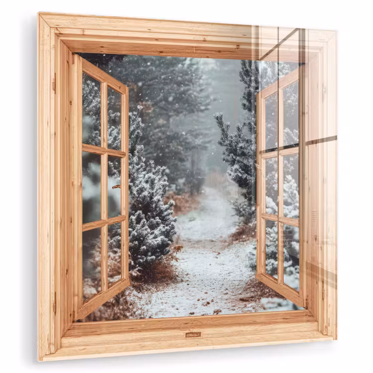 Glas schilderij - Bos - Winter - Bomen - Natuur - Pad - Doorkijk — 1