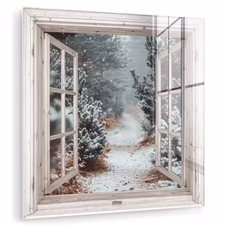 Glas schilderij - Bos - Winter - Bomen - Natuur - Pad - Doorkijk - Wit — 1