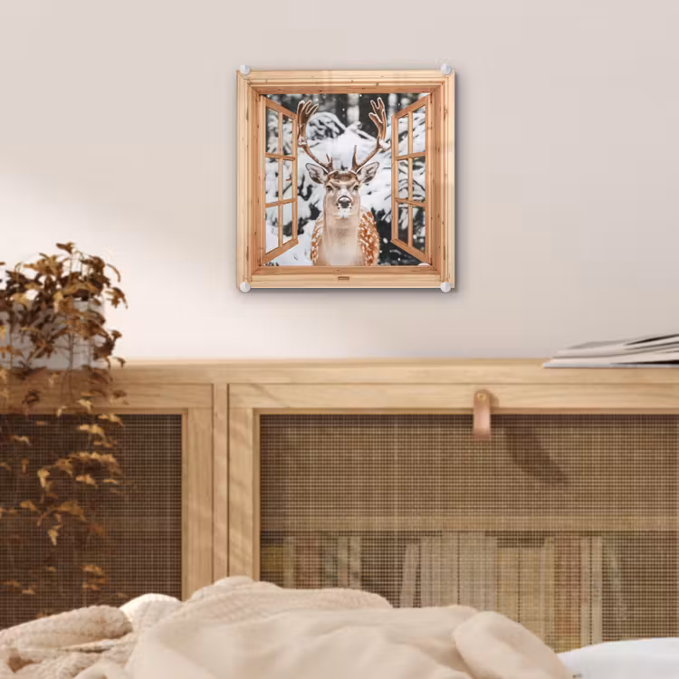 Glas schilderij - Doorkijk - Hert - Sneeuw - Winter - Bos - Dieren — 5