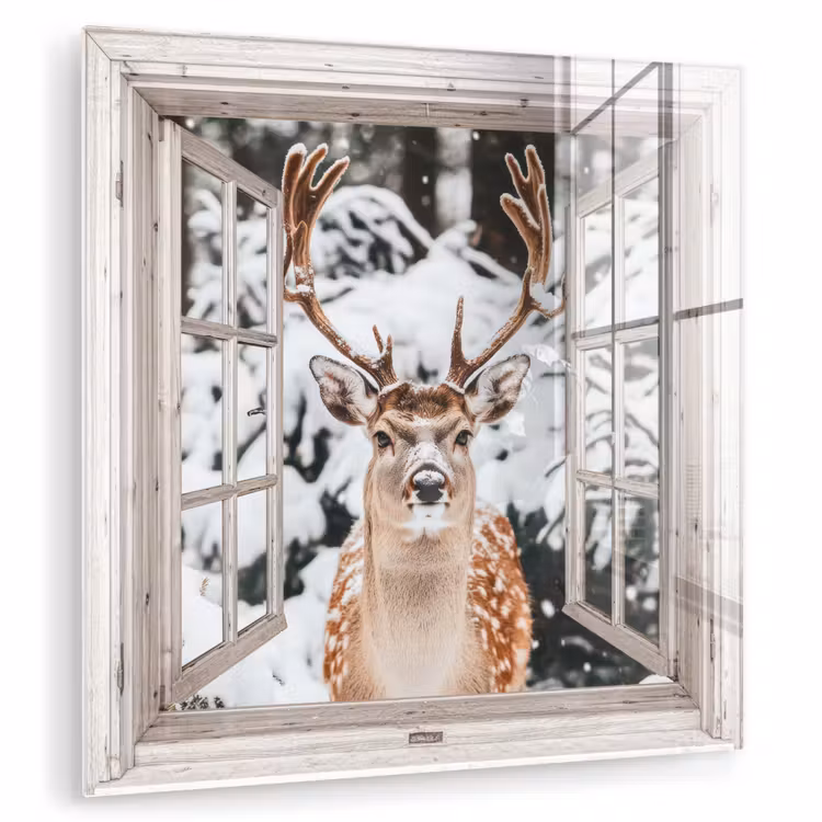 Glas schilderij - Doorkijk - Hert - Sneeuw - Winter - Bos - Dieren - Natuur — 1