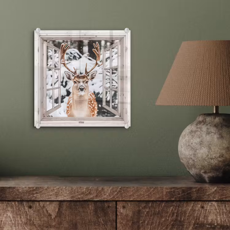 Glas schilderij - Doorkijk - Hert - Sneeuw - Winter - Bos - Dieren - Natuur — 4