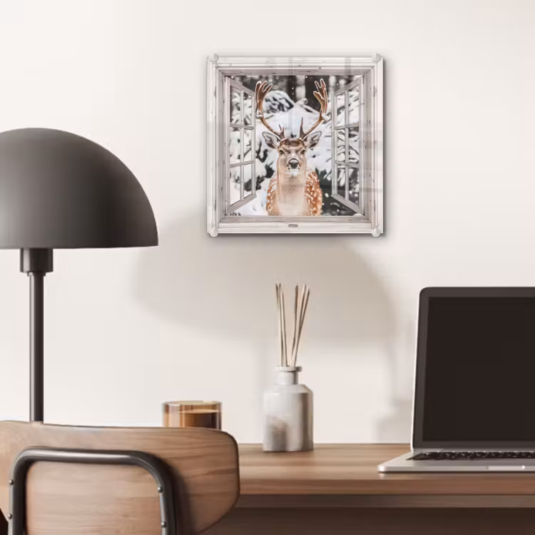 Glas schilderij - Doorkijk - Hert - Sneeuw - Winter - Bos - Dieren - Natuur — 7