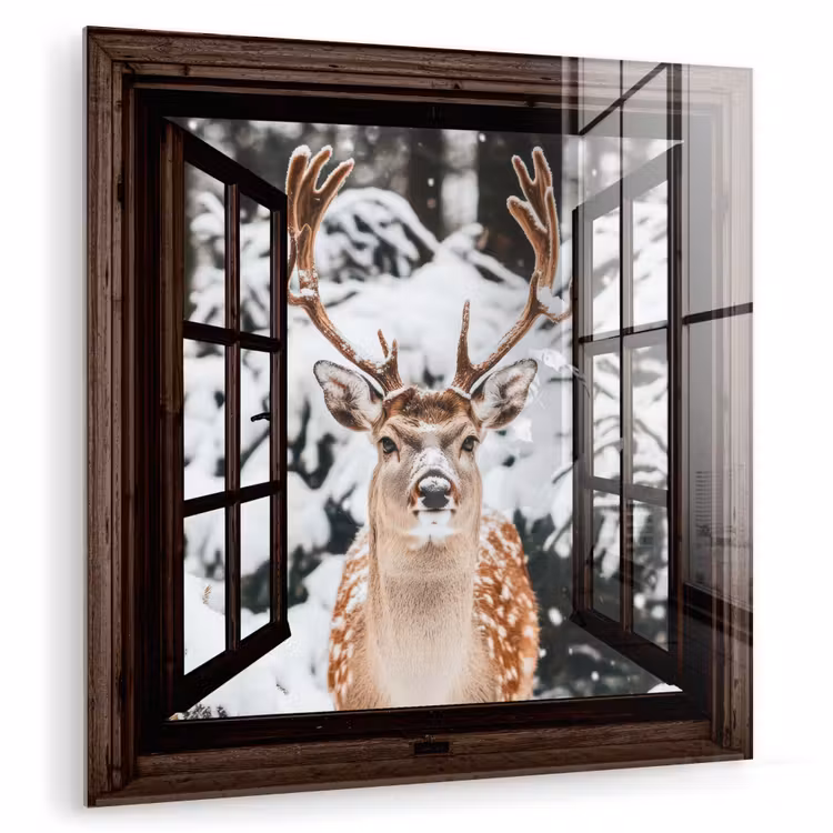 Glas schilderij - Hert - Sneeuw - Winter - Bos - Dieren - Doorkijk — 1