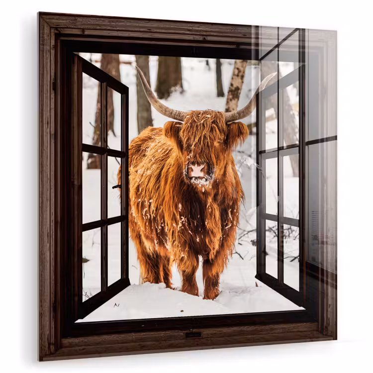 Glas schilderij - Schotse Hooglander - Sneeuw - Natuur - Dieren - Doorkijk - Winter — 1
