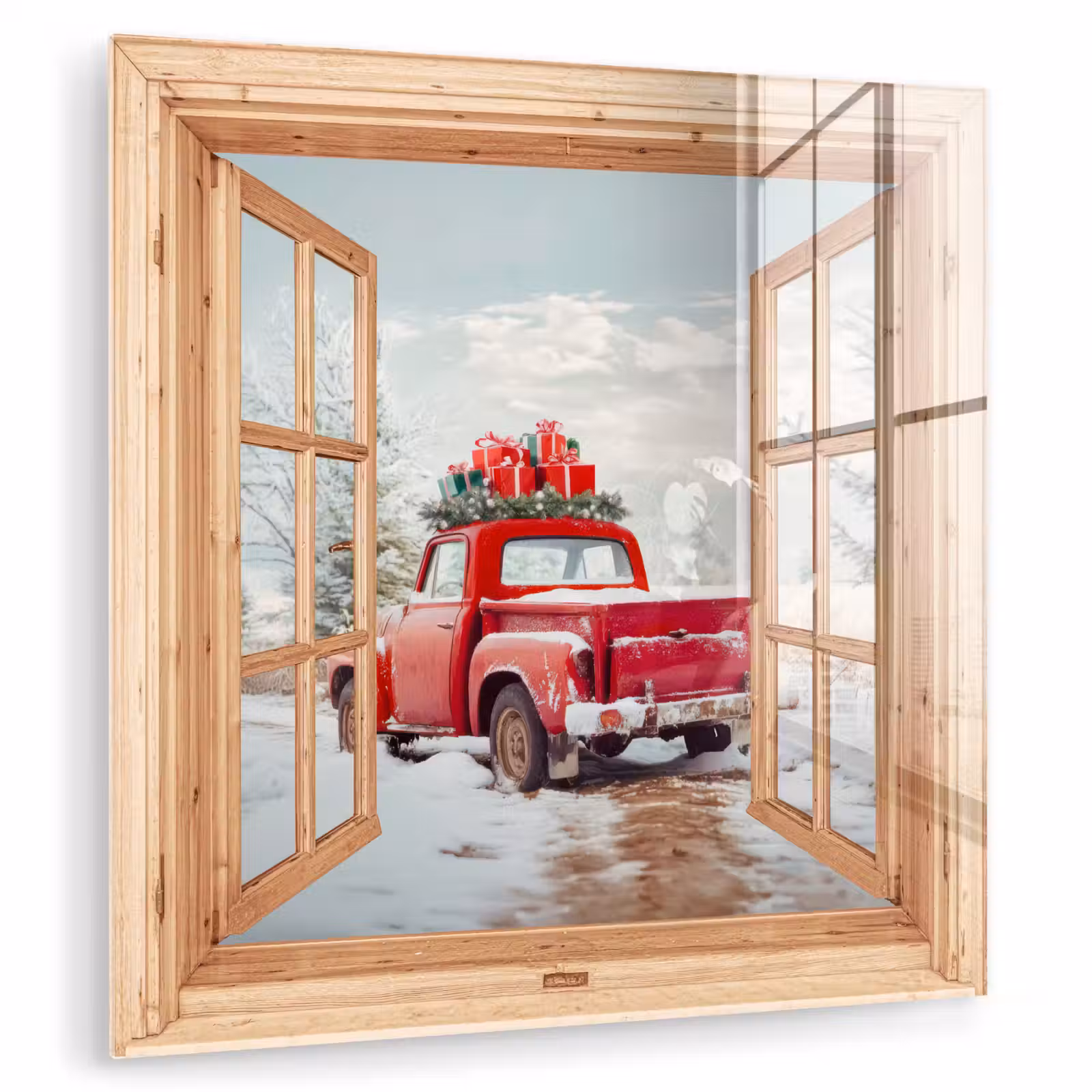 Glas schilderij - Doorkijk - Auto - Kerst - Cadeaus - Winter - Landschap — 1