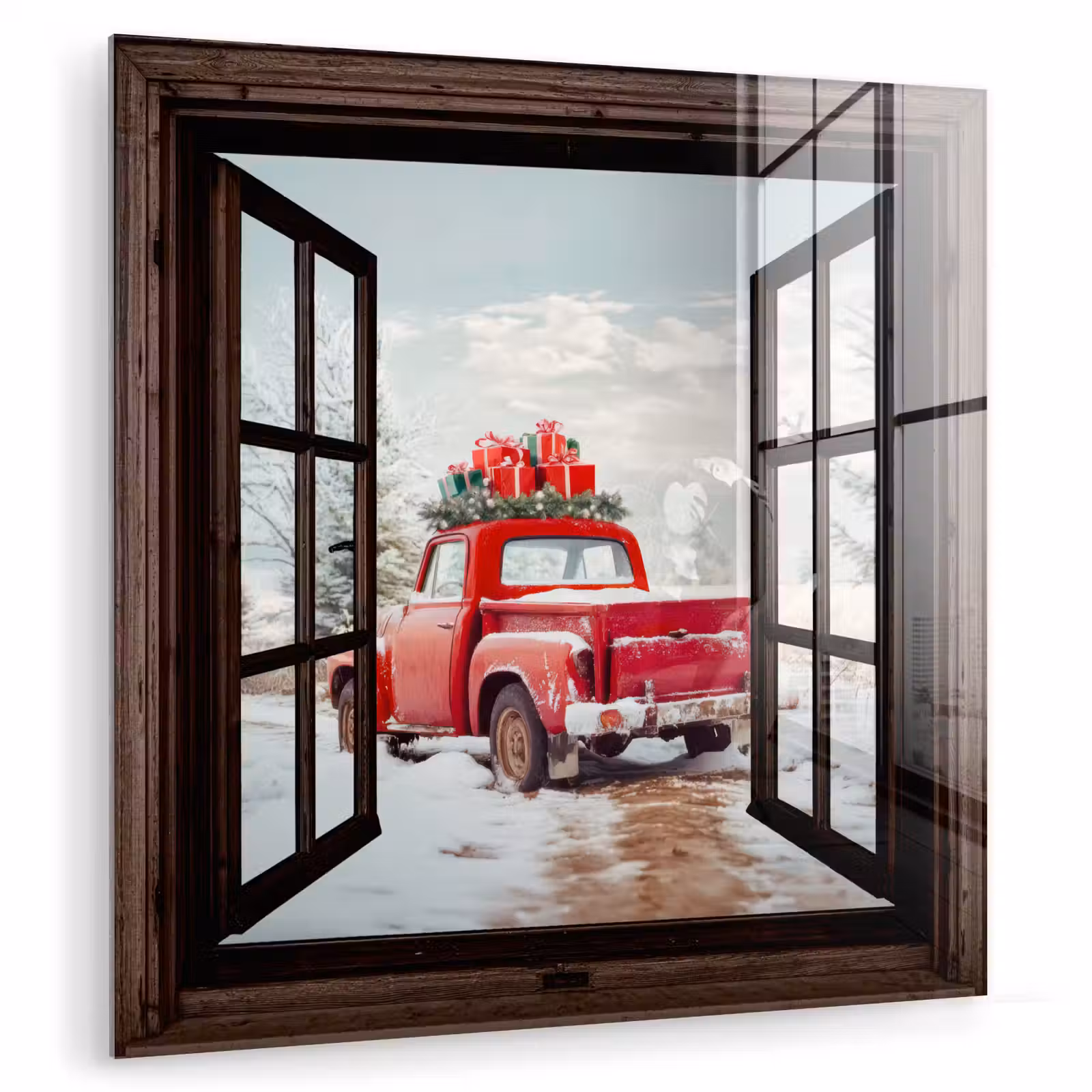 Glas schilderij - Doorkijk - Auto - Rood - Cadeaus - Winterlandschap - Kerst — 1