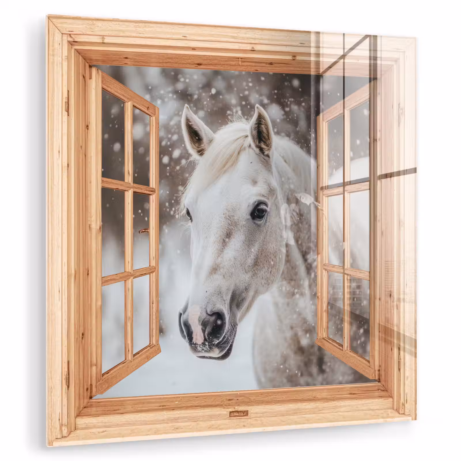 Glas schilderij - Doorkijk - Paard - Wit - Winter - Sneeuw - Dieren — 1