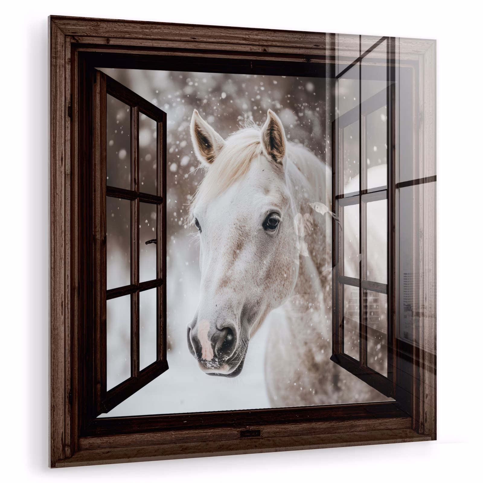 Glas schilderij - Doorkijk - Paard - Wit - Winterlandschap - Sneeuw — 1
