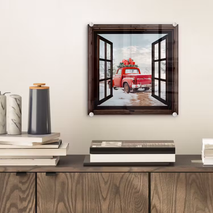Glas schilderij - Doorkijk - Auto - Rood - Cadeaus - Winterlandschap - Kerst — 2