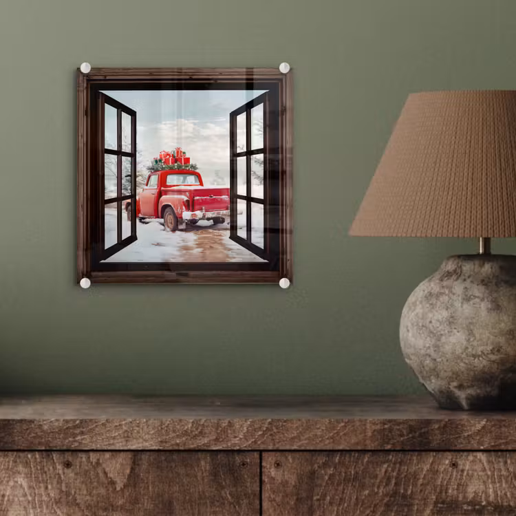 Glas schilderij - Doorkijk - Auto - Rood - Cadeaus - Winterlandschap - Kerst — 4