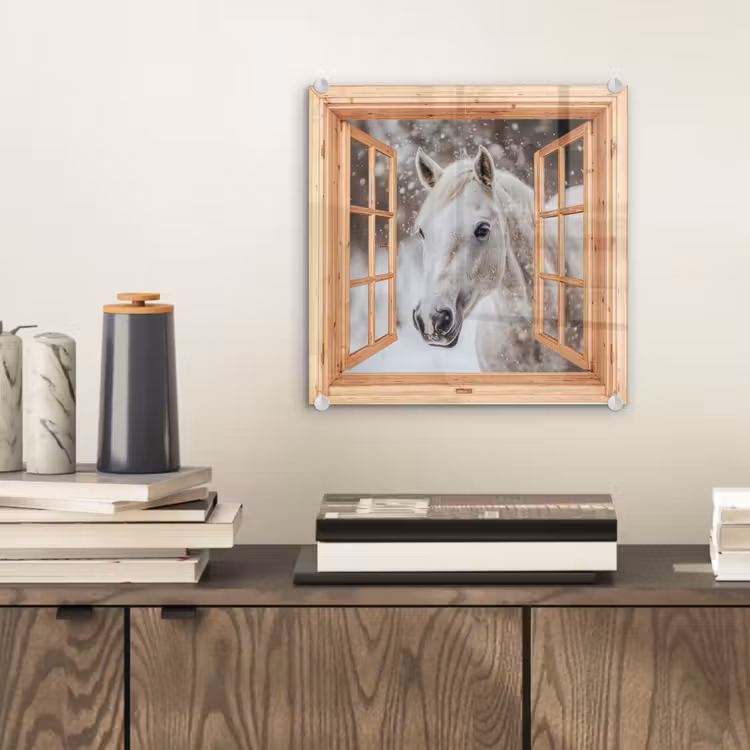 Glas schilderij - Doorkijk - Paard - Wit - Winter - Sneeuw - Dieren — 2