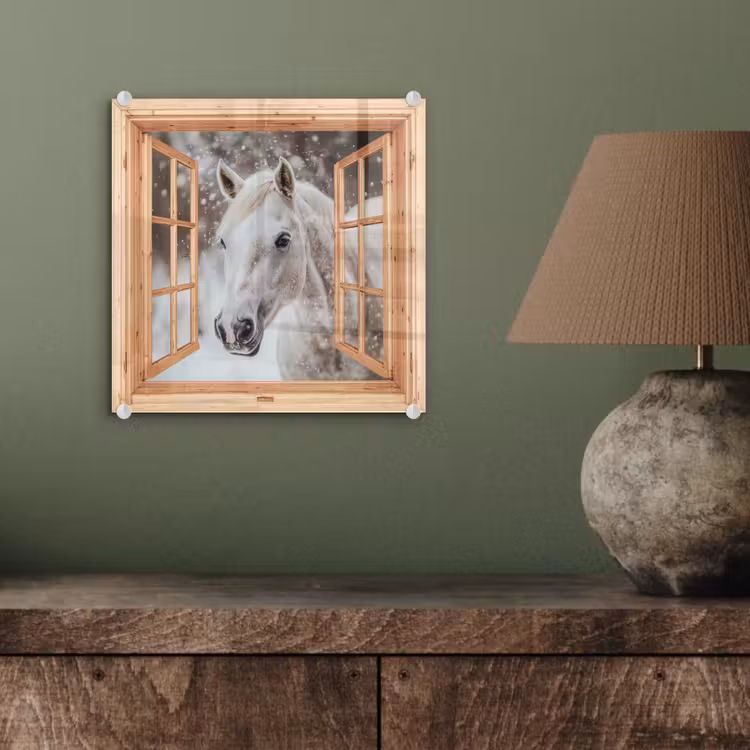 Glas schilderij - Doorkijk - Paard - Wit - Winter - Sneeuw - Dieren — 4