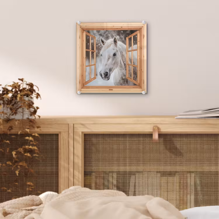 Glas schilderij - Doorkijk - Paard - Wit - Winter - Sneeuw - Dieren — 5