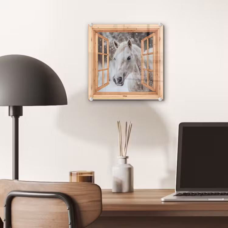 Glas schilderij - Doorkijk - Paard - Wit - Winter - Sneeuw - Dieren — 7